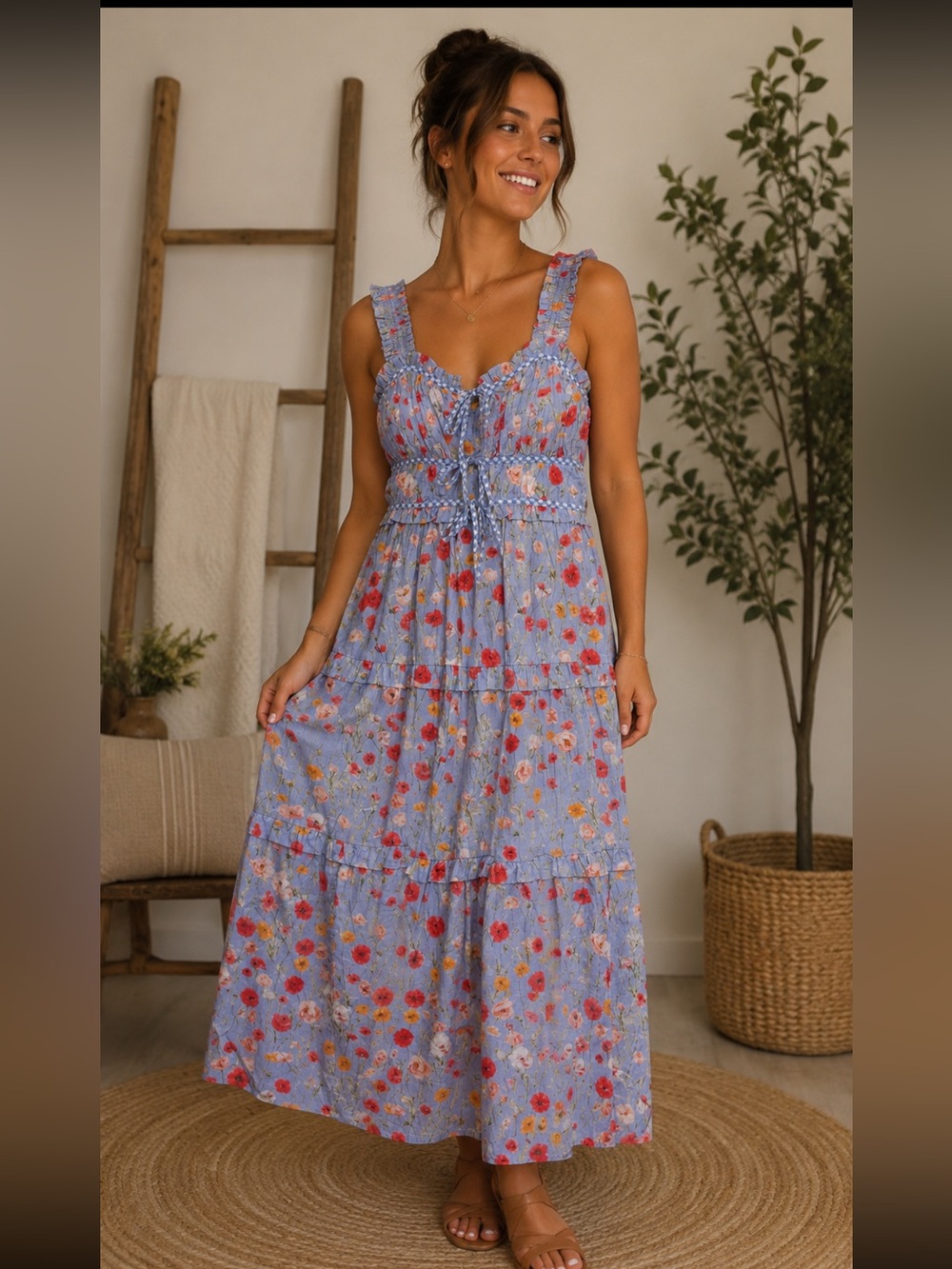 entro Lavender Blue Floral Maxi Dress with Ruffle Straps